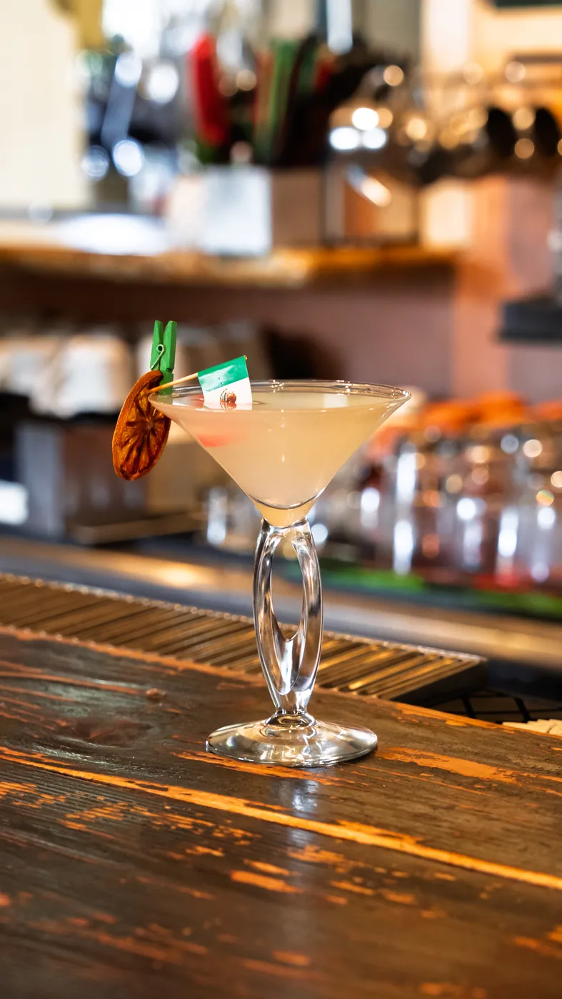 A chile-rimmed cocktail garnished with a Mexican flag pick